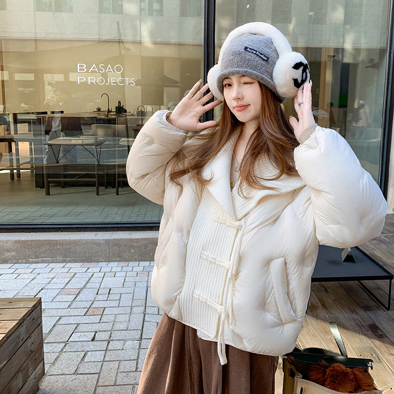 白色针织翻领短款羽绒服女冬季2024新款时尚设计感小个子加厚外套