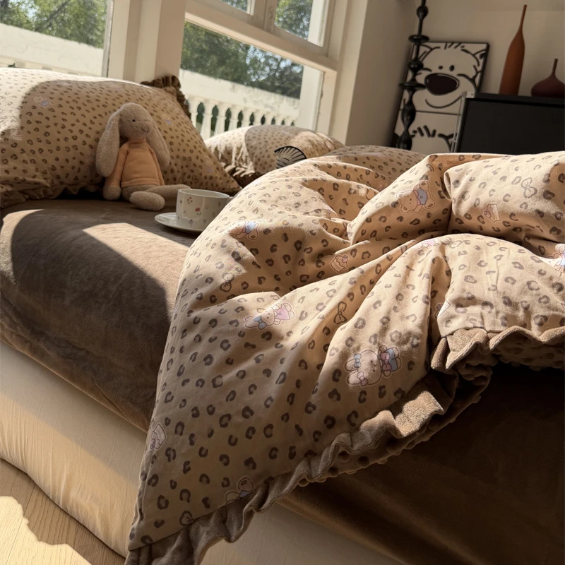 少女皱皱花边双层纱加豆豆绒豹纹小兔咖四件套1.5m1.8米冬保暖