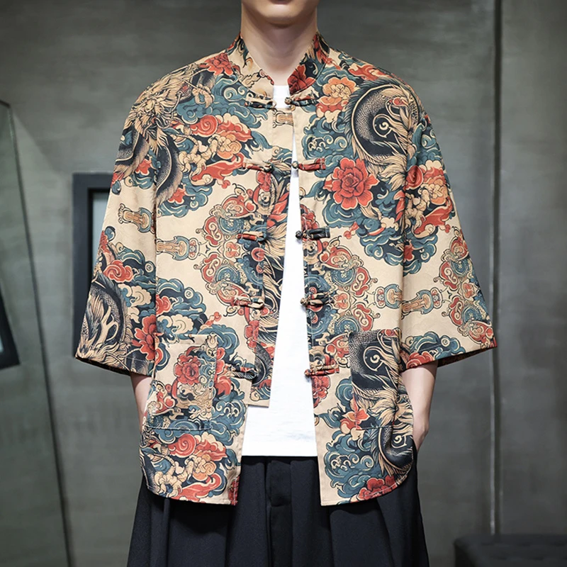 中国风印花龙袍唐装冰丝垂感短袖男士衬衣中式汉服国潮七分袖衬衫