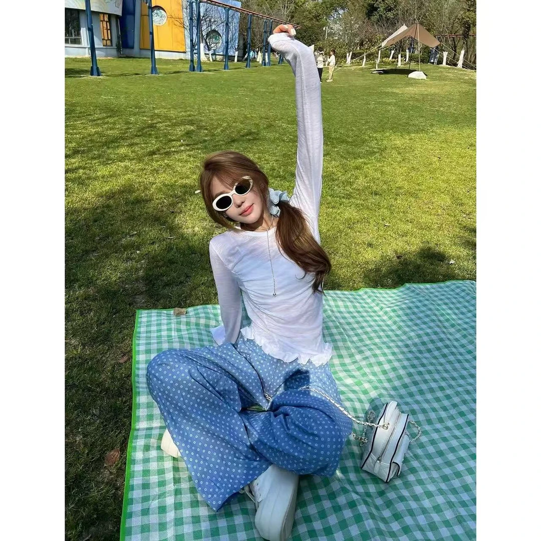 夏季韩系不规则木耳边设别致修身掐腰T恤+碎花阔腿裤