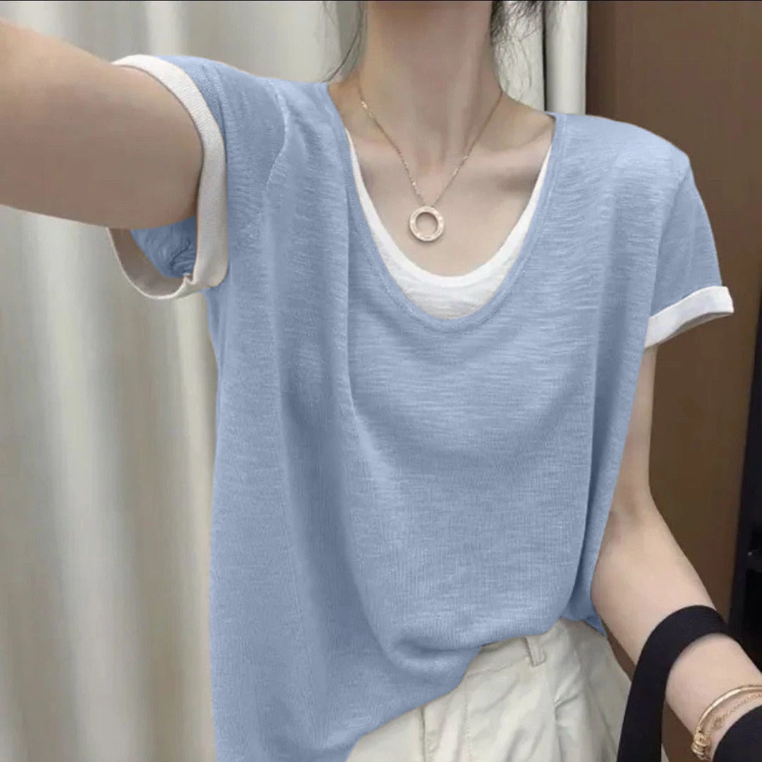 2025夏季薄款冰感雪花棉假两件v领短袖T恤休闲时尚穿搭洋气衣服女
