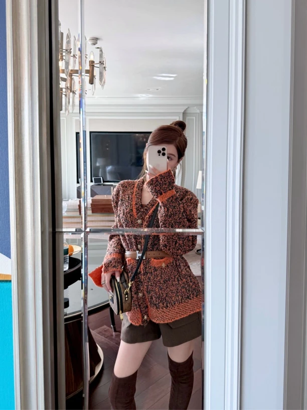 【粥粥高级定制】法式v领小香粗花呢亮丝美拉德重工开衫上衣➕短裤