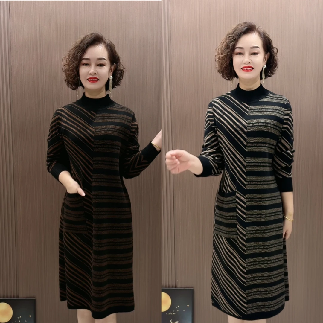 Xe秋冬中长款加厚针织提花过膝洋气遮肚冬季气质连衣裙