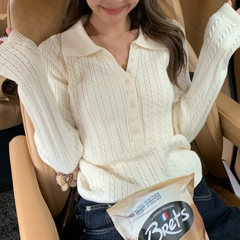 【鹿鹿专属】冬季新款上新奶白翻领单排扣百搭绞花针织衫LK1230087
