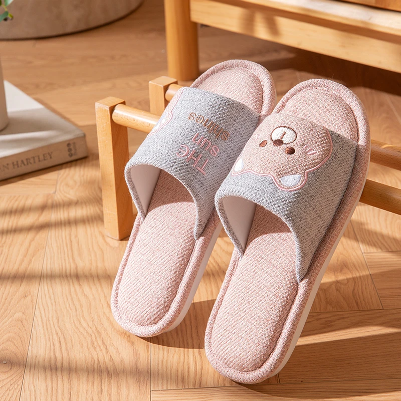 小熊亚麻居家女款拖鞋防滑舒适透气室内软底地板情侣轻便拖鞋