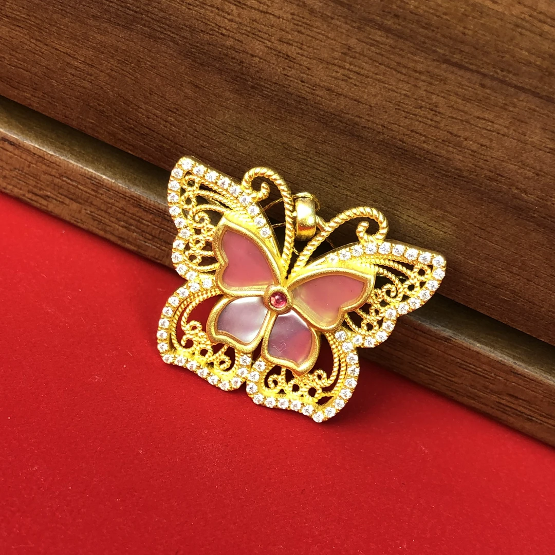 黄金999足金古法螺钿蝴蝶吊坠