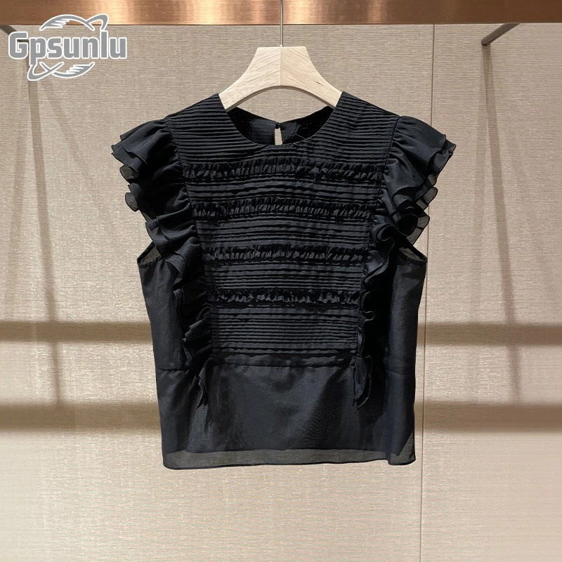 gpsunlu夏季新款女装淡人系黑色短袖恤韩版韩系设计春秋长袖t恤