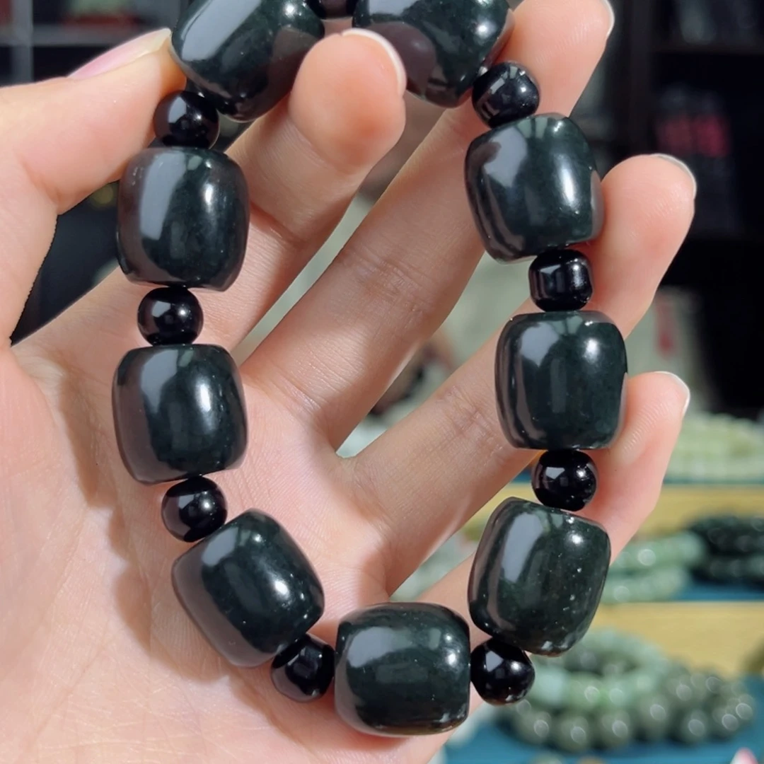 和田玉手链未镶嵌手串纯天然新疆喀什库尔干黑油青16mm