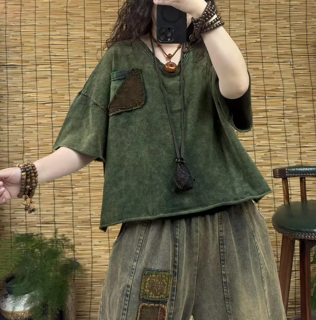 5021-2贴布口袋V领短款上衣（长55左右，90-160斤）