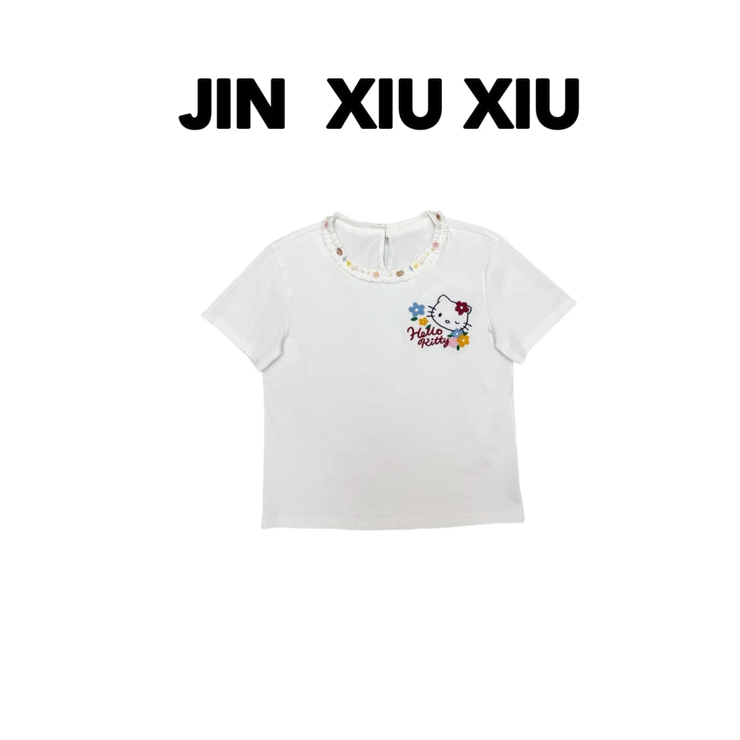 JINXIUXIU夏季新款木耳边刺绣小花Kitty猫韩系甜美圆领短袖T恤456
