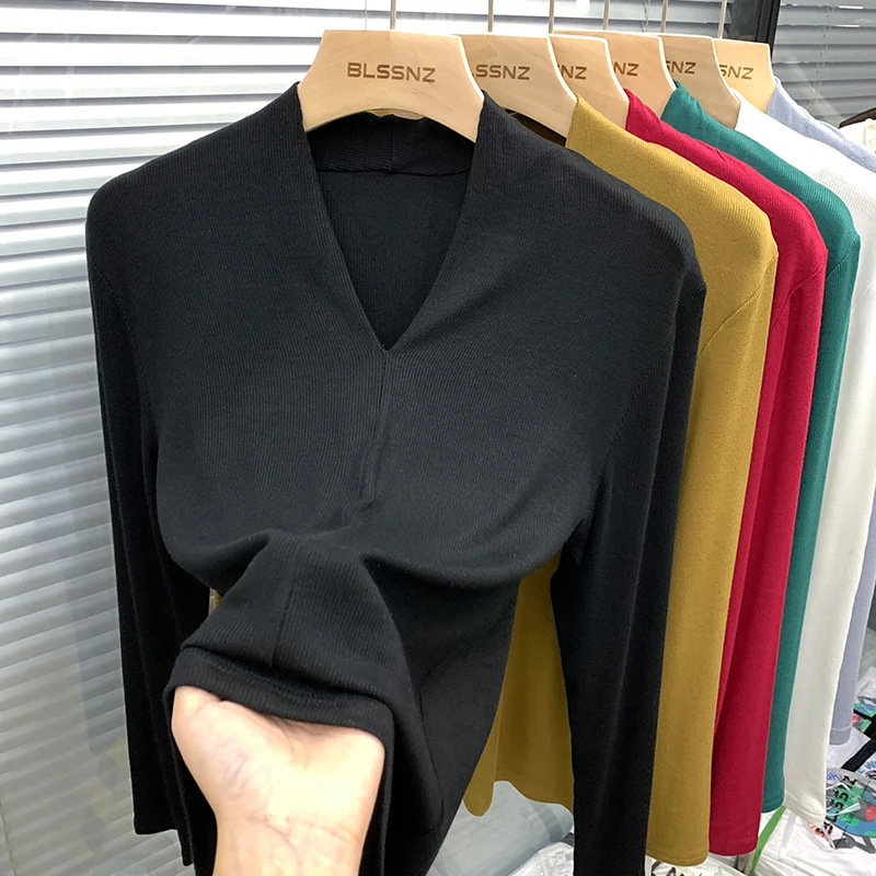 欧货白色v领打底衫女春秋内搭2025新款洋气时尚修身上衣长袖t恤潮