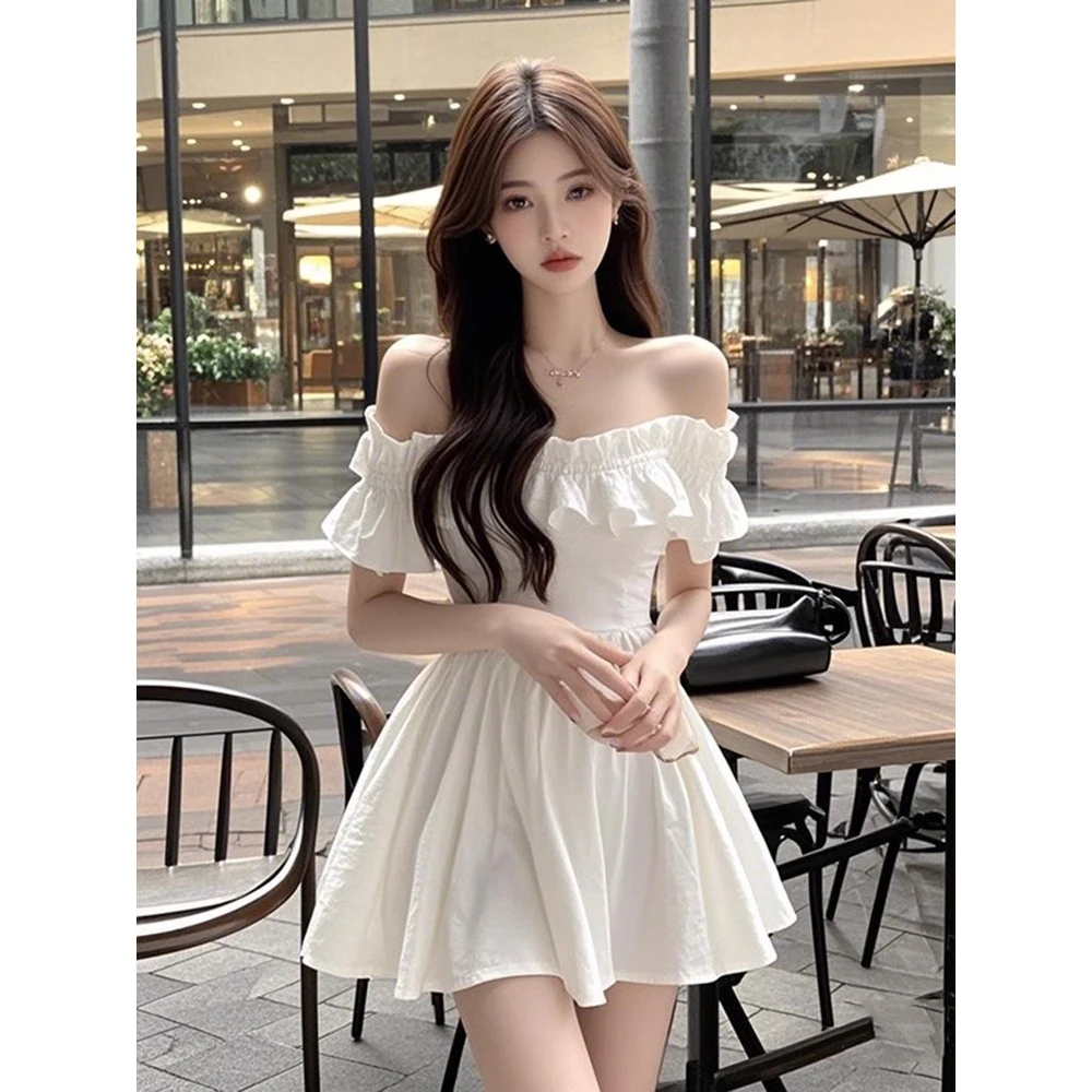 【B Y】木耳边一字肩短袖连衣裙女温柔气质御姐范收腰显瘦A字短裙