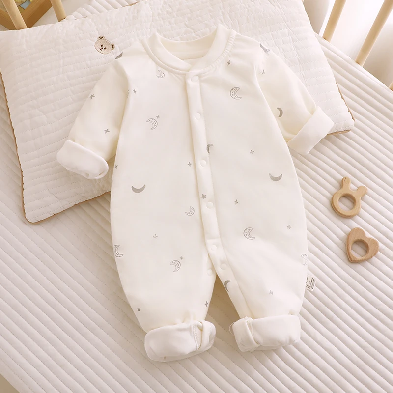 秋冬婴儿连体薄棉袄夹棉中厚新生儿棉衣可爱卡通宝宝薄棉服外穿春