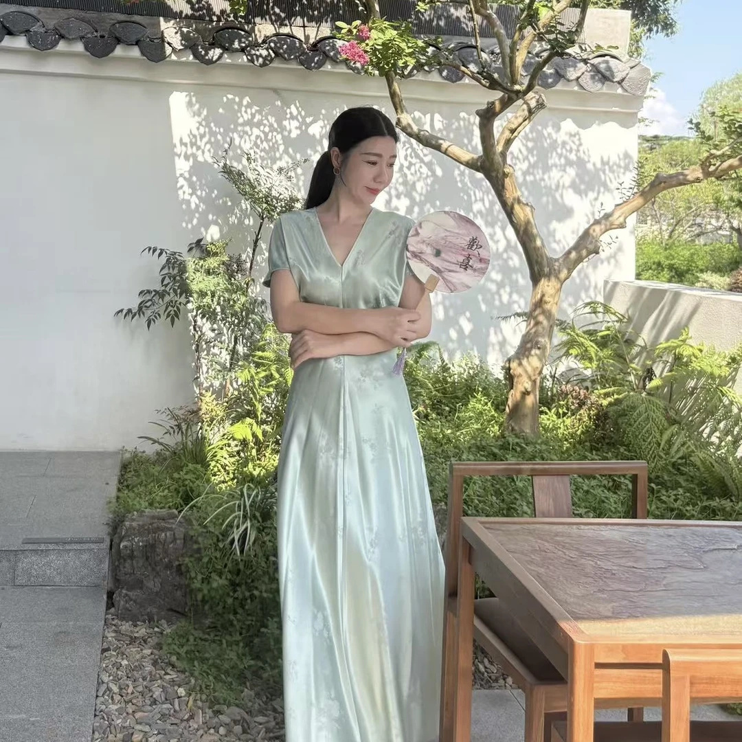 ZR 【50%真丝】夏季新款法式高腰透气光泽长款连衣裙