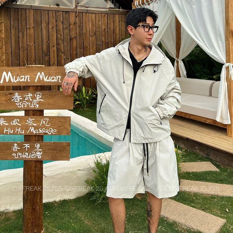 OXFREAK「户外机能风」运动套装男轻薄款防晒衣连帽宽松速干短裤