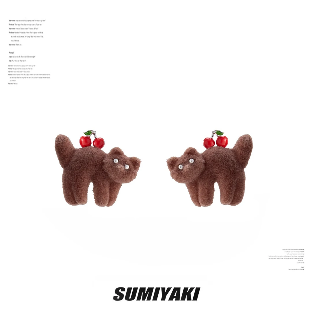 合金合成锆石耳饰 SUMIYAKI秋冬新款植绒摩卡色樱桃小猫耳