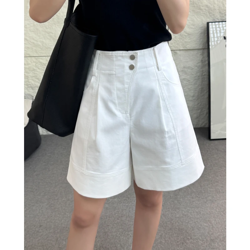 白色棉混纺四分短裤女夏季A字高腰显瘦宽松阔腿西装短裤女款外穿