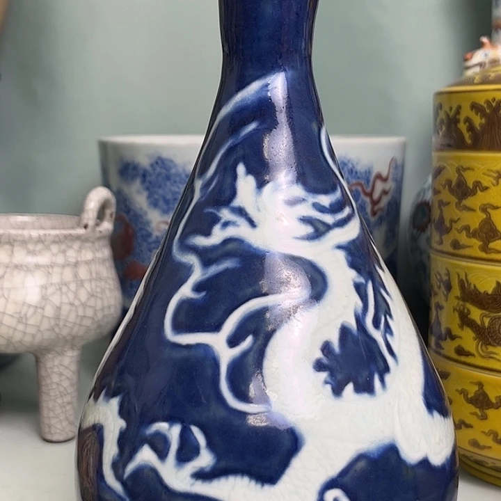 不***茶陶摆件景德镇蓝釉瓶