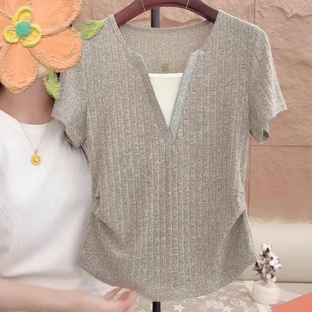 显瘦修身短袖T恤女抽绳收腰假两件女士上衣时尚洋气C5783