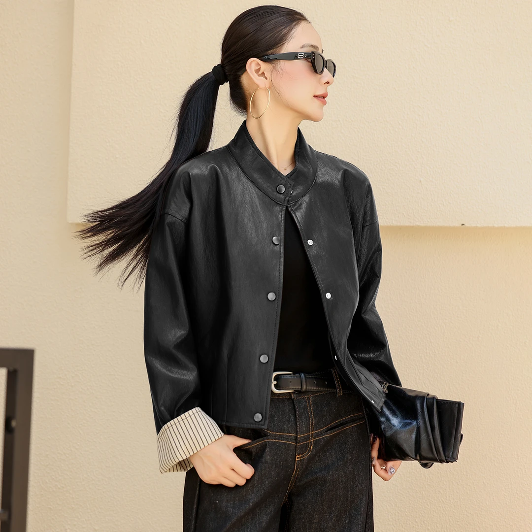 复古立领皮衣外套女2025秋季新休闲百搭法式水洗皮条纹拼接皮夹克
