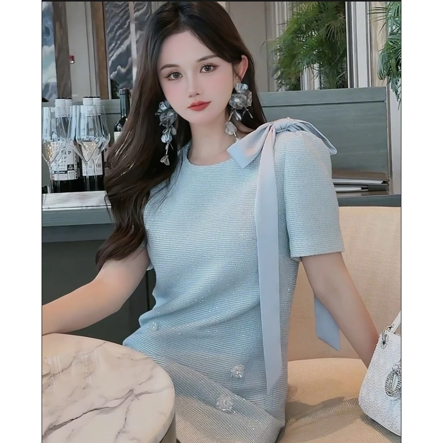 5619新款蝴蝶结浅蓝色串珠珠片连衣裙清爽夏日小香风珠链圆领减龄