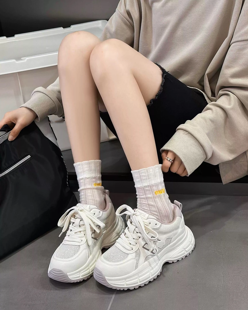 97003厚底老爹鞋女2025夏韩版百搭圆头系带网纱运动休闲鞋