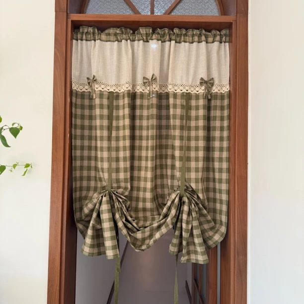 《绿野牧歌》亚麻色织格 罗马门帘（宽135高180）不带杆