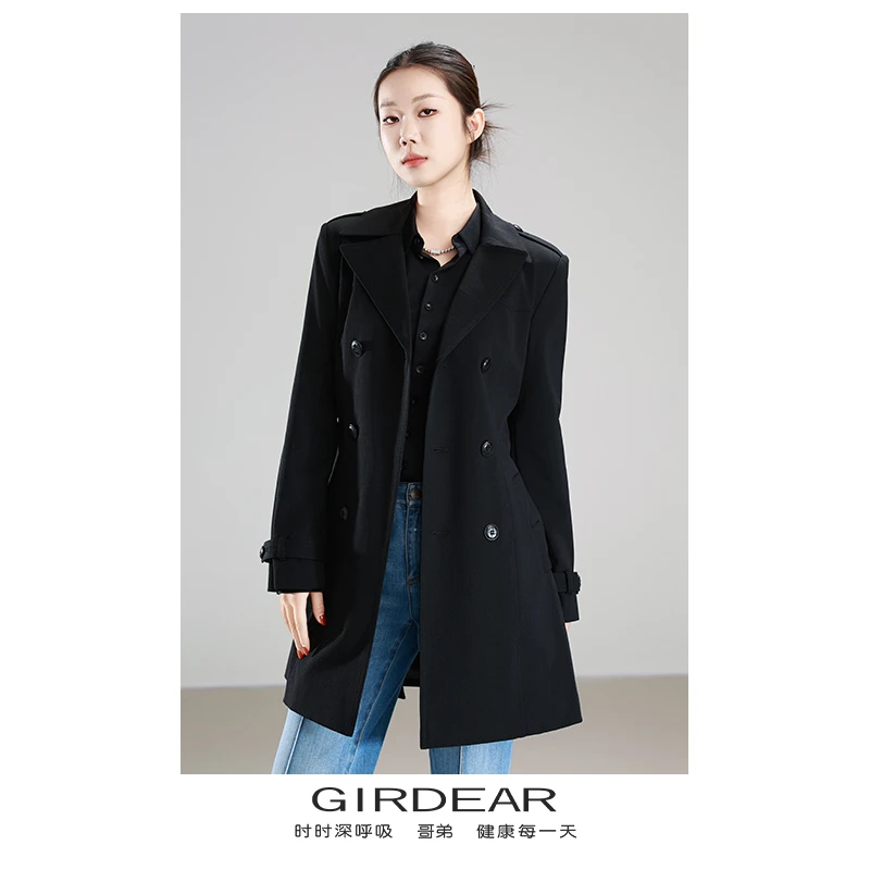 GIRDEAR/哥弟140006刚柔双生都市风百搭经典双排扣中长款系带风衣