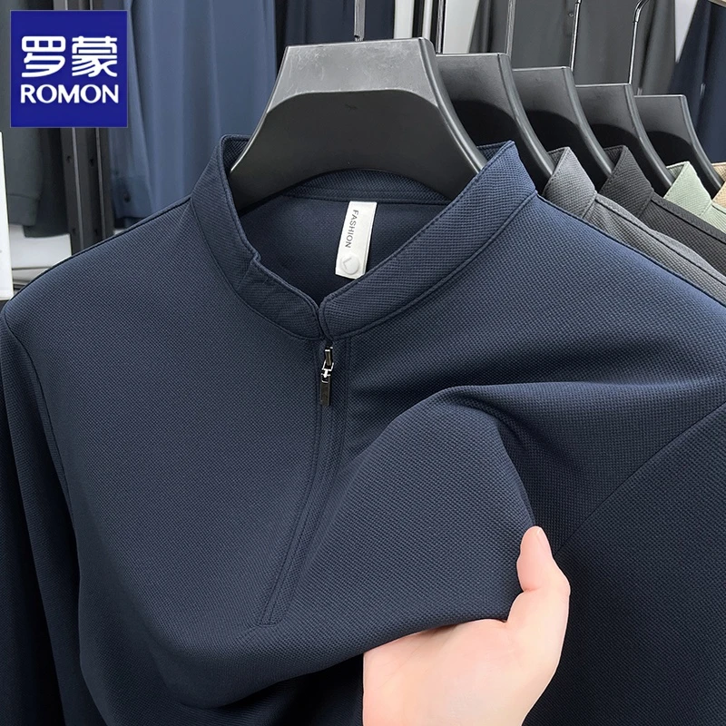 罗蒙纯色长袖T恤男士春秋季商务休闲半拉链立领打底衫百搭男装潮