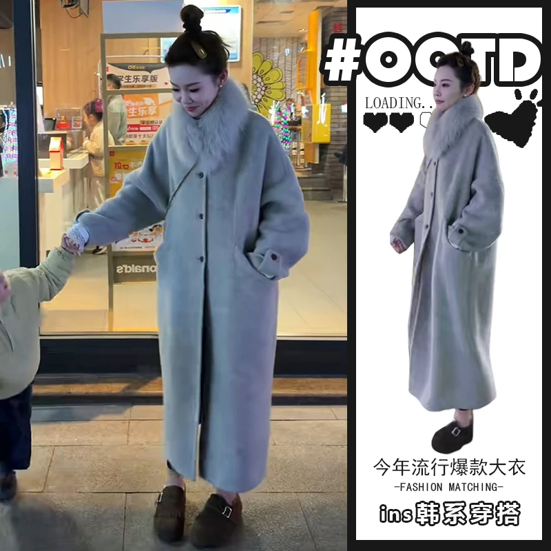 欧美显气质高级感毛领长款呢子大衣冬季新款欧货时尚保暖毛呢外套