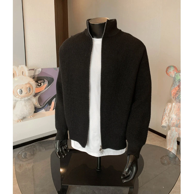 cleanfit黑色拉链毛衣开衫慵懒风穿搭秋冬外套男款立领针织衫夹克