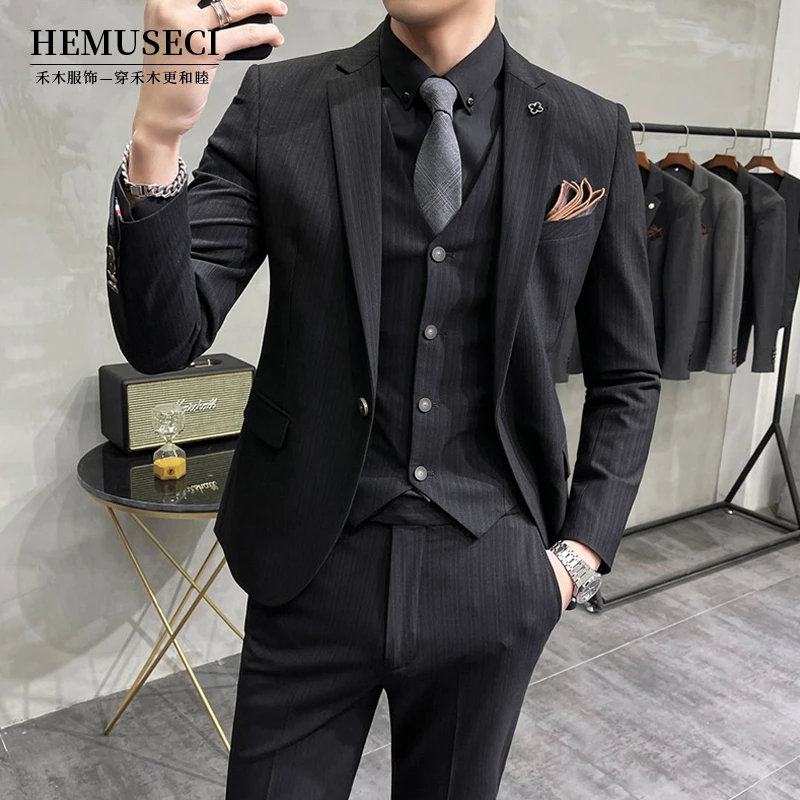 高档条纹西装职业西服套装男士三件套韩版修身新郎伴郎男结婚礼服