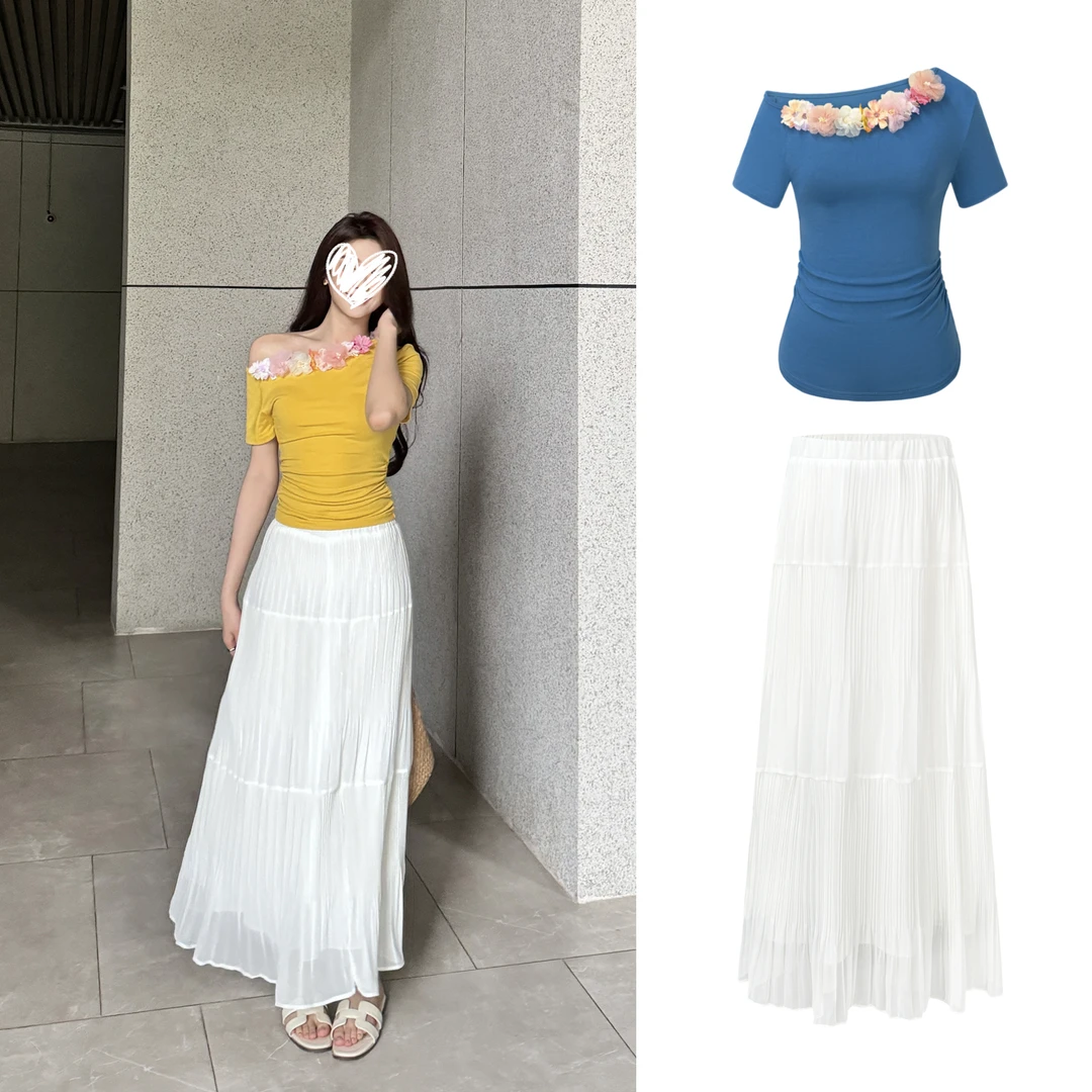 【秘密花园】夏日温柔单肩上衣显瘦收腰多色花花上衣+半身裙C 8731#