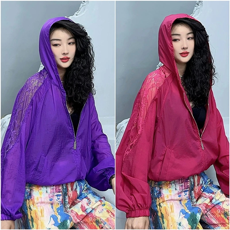 蕾丝防晒衣透气连帽外套女2025新款时尚长袖百搭休闲短外套-9108
