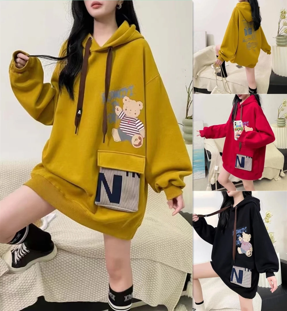 秋冬新款卡通口袋熊设计感洋气时尚韩版百搭中长款加绒卫衣