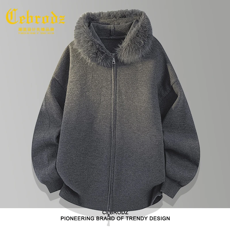 法国Cebrodz商务开衫毛衣外套男士款秋冬季复古毛领潮连帽针织衫