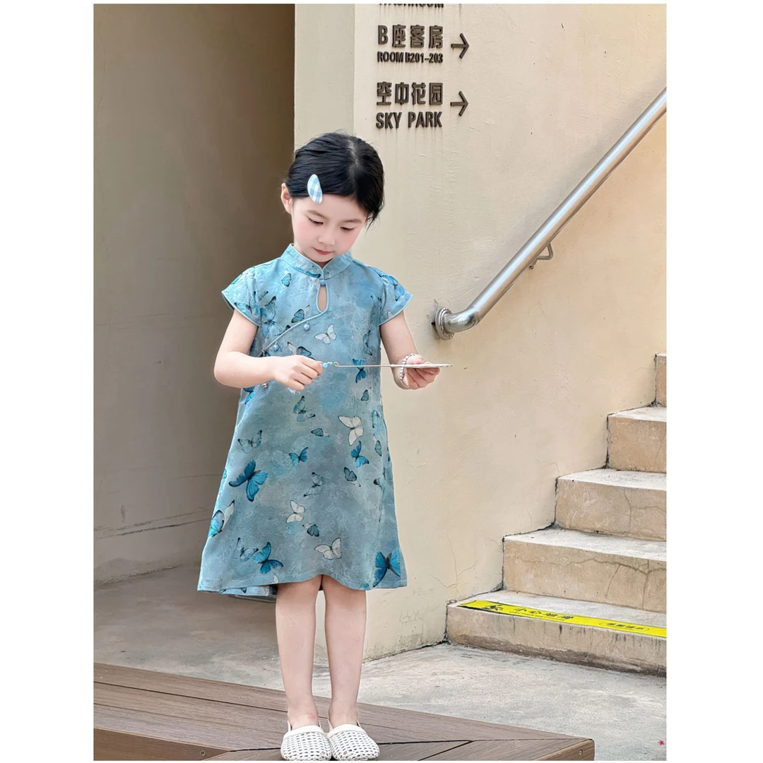 新中式童装女童蓝色连衣裙2025夏季新款洋气显瘦儿童彩蝶旗袍裙子