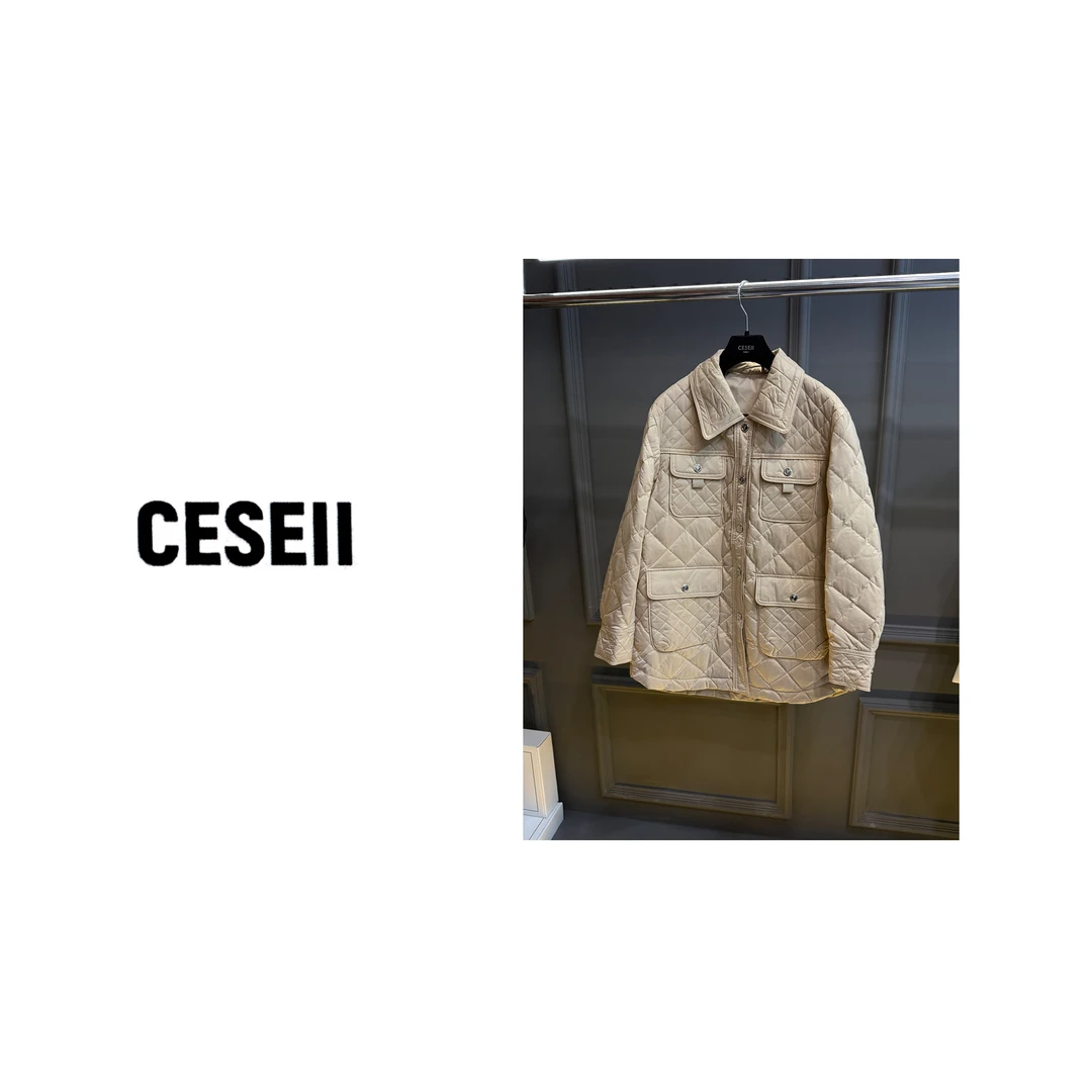 【25XJ802】秋冬高品质小香风菱格翻领90白鸭绒轻薄长款羽绒服外套