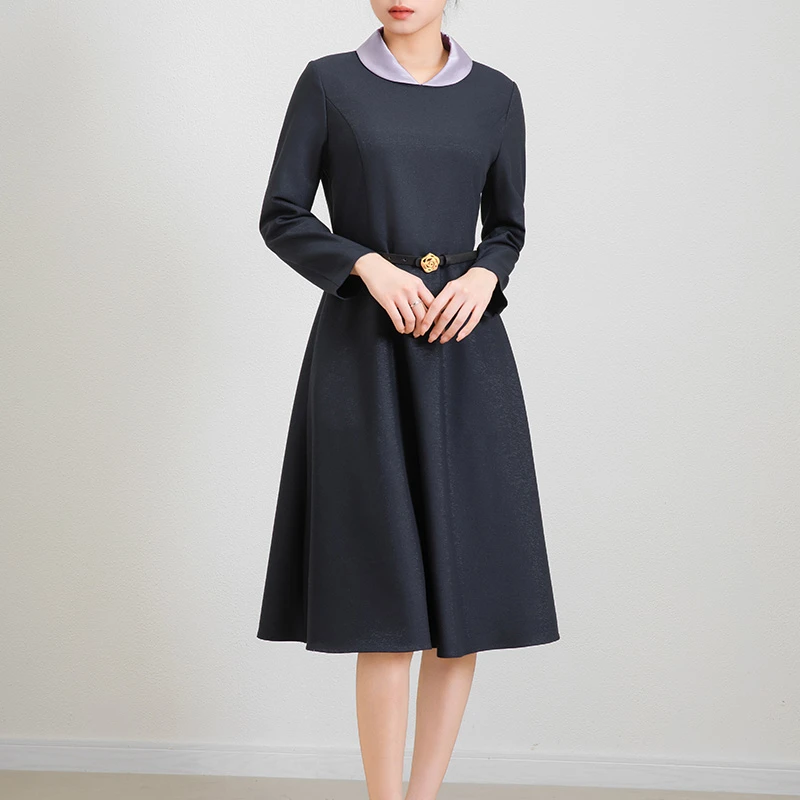 25005 春季藏青连衣裙修身时尚设计感娃娃领A字显瘦裙子收腰气质