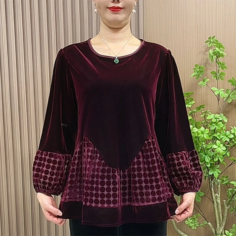 妈妈春秋洋气减龄丝绒小衫2025新款中年女装大码宽松圆领打底衫