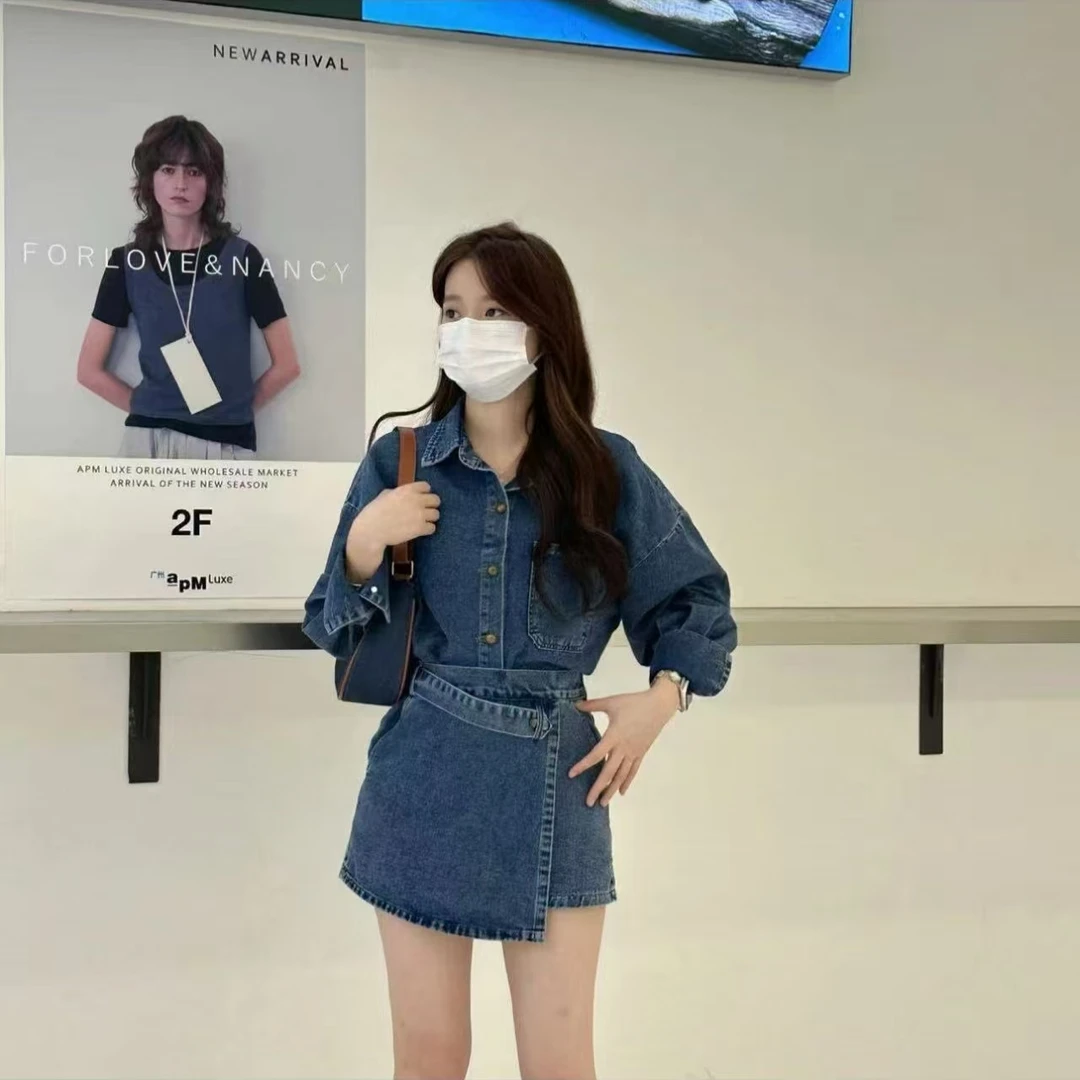 kumikumi港味复古套装Polo领牛仔外套女秋季不规则A字裤裙两件套