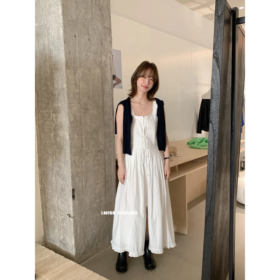 80538#高级感初恋褶皱花边气质收腰背心裙