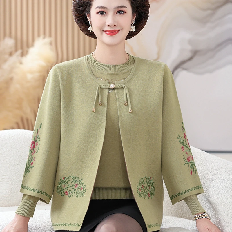 妈妈秋装国风毛衣外套洋气上衣中老年女装秋冬新中式针织两件套装