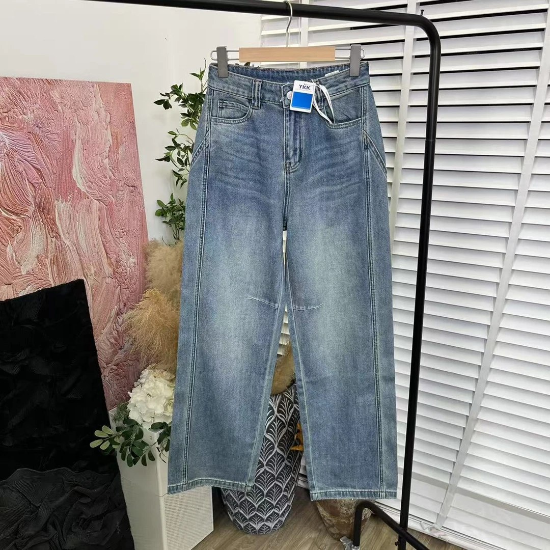 梦中情裤来了「重工水洗高腰休闲」直筒牛仔长裤女E5083