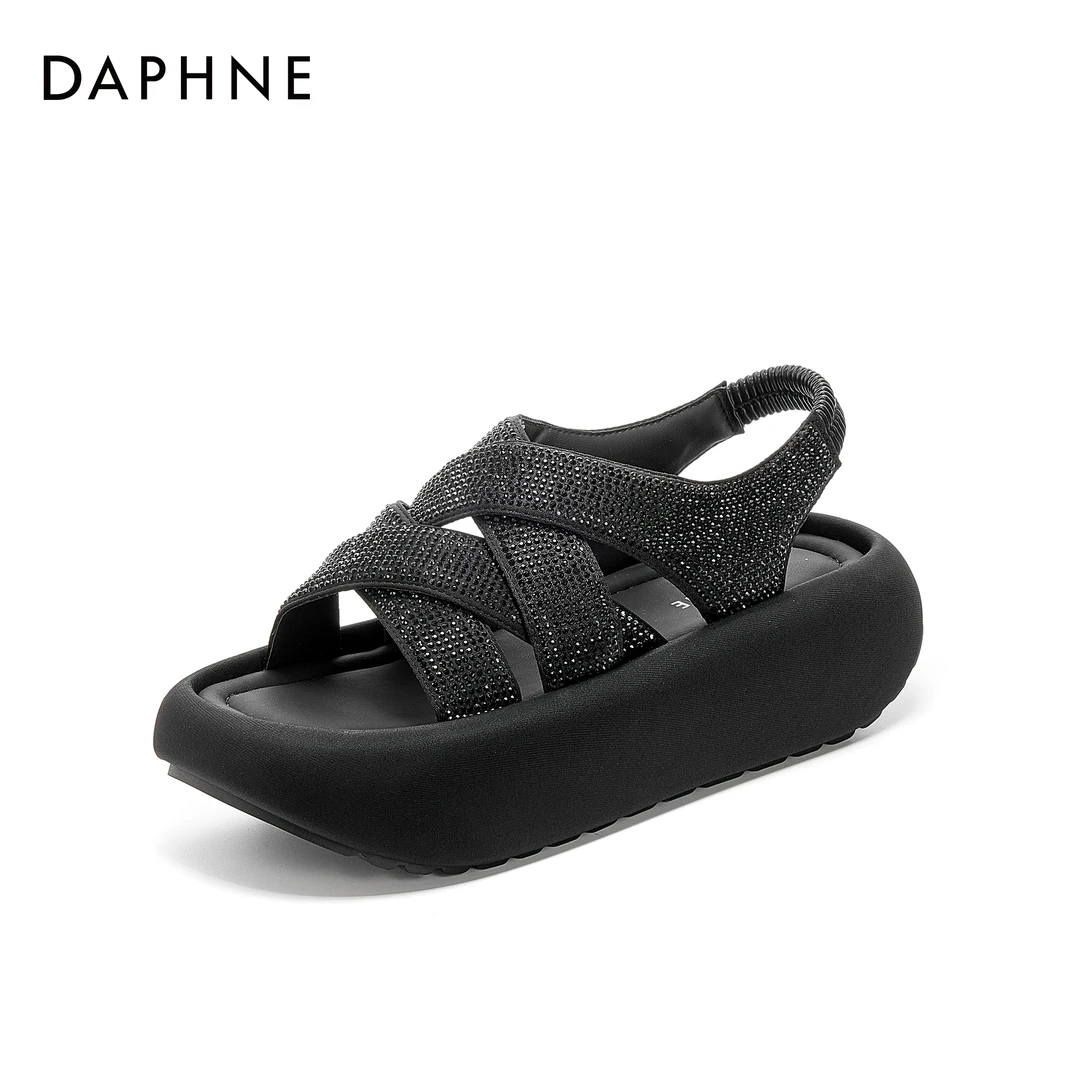 达芙妮厚底水钻休闲凉鞋女2025夏季新款百搭软底时尚罗马鞋沙滩鞋