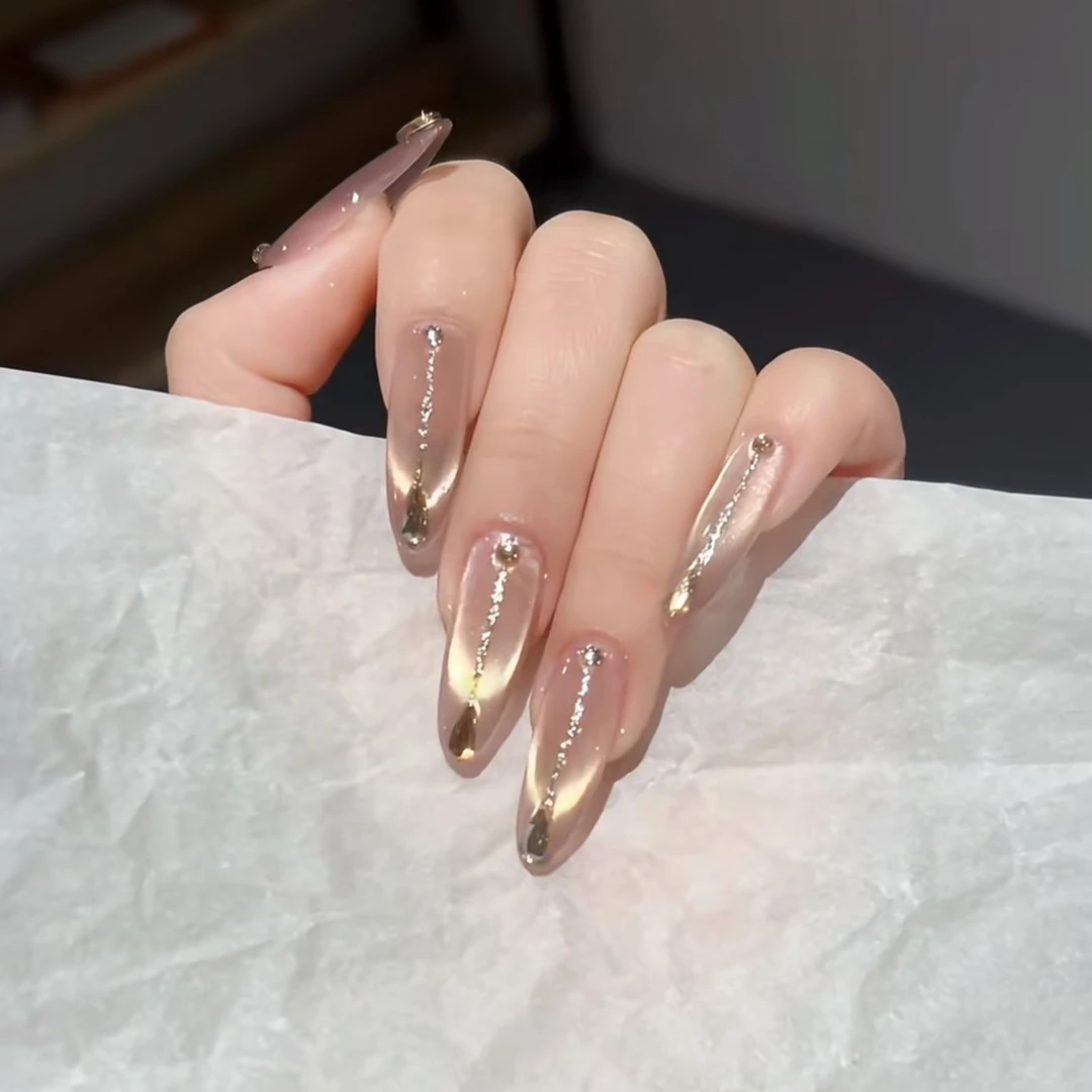 加贝Nail 「浮光跃金」奢华贵气感猫眼镶钻拆卸纯手工穿戴甲 10片装