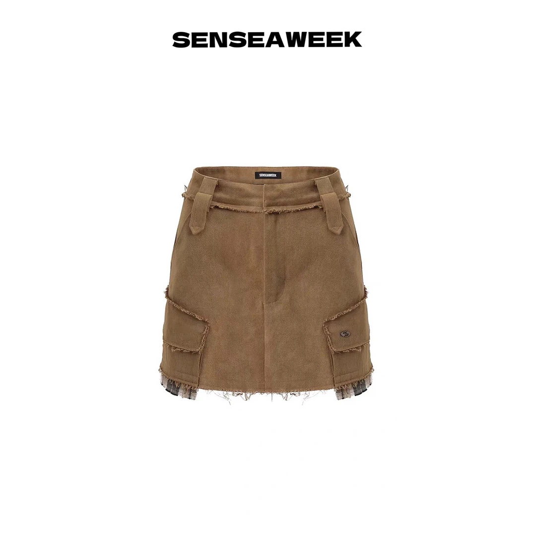 【SSS买手店】SENSEAWEEK时尚A字双口袋半裙下摆格纹拼接工装短裙