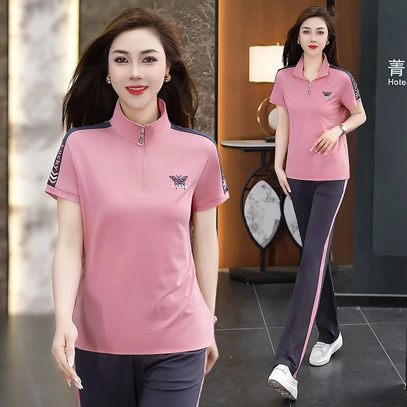 运动套装女夏季2025新款洋气减龄大码时尚印花冰丝短袖休闲两件套