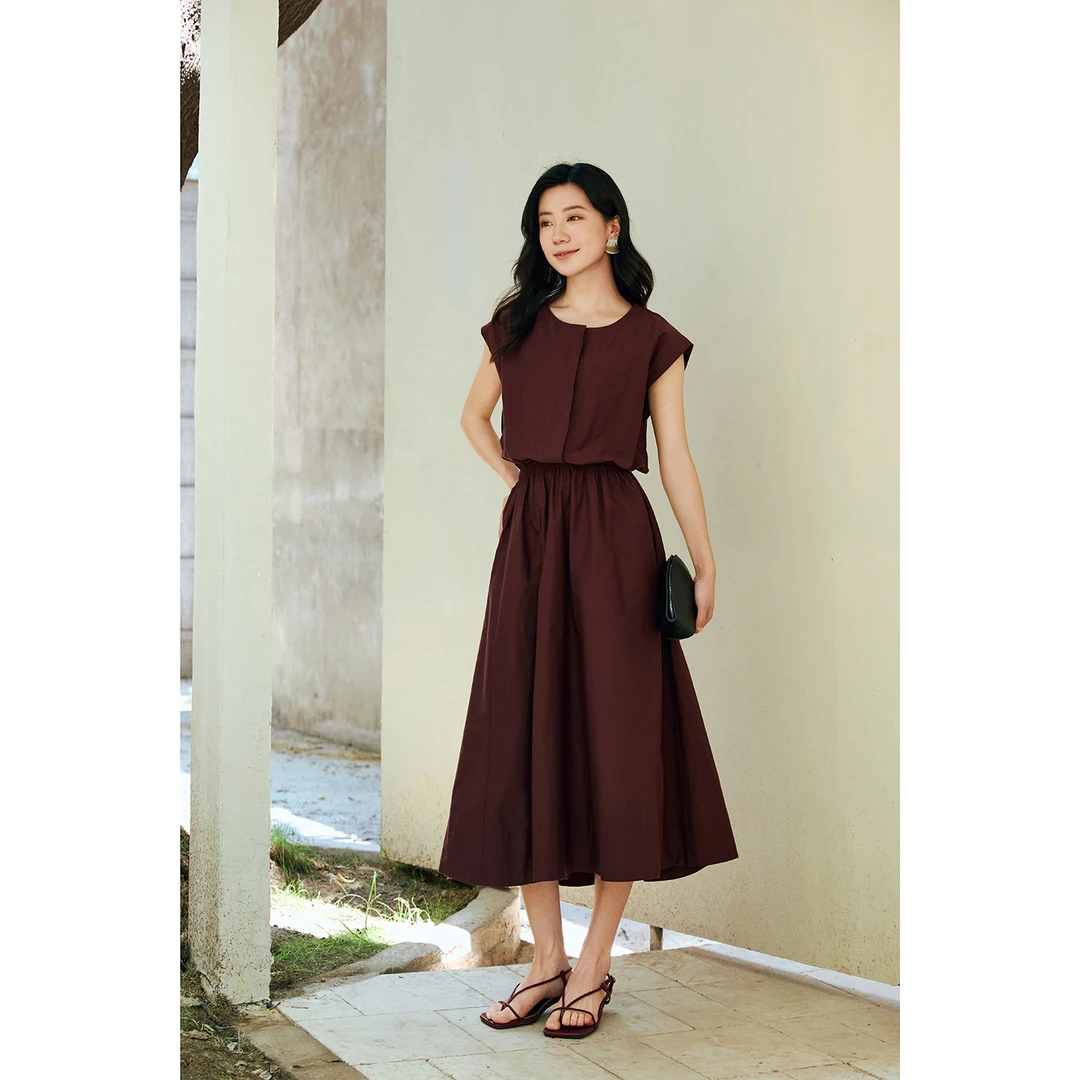 玛氏嘉敏 新品 长绒棉+桑蚕丝 设计感收腰气质连衣裙 2色入652056