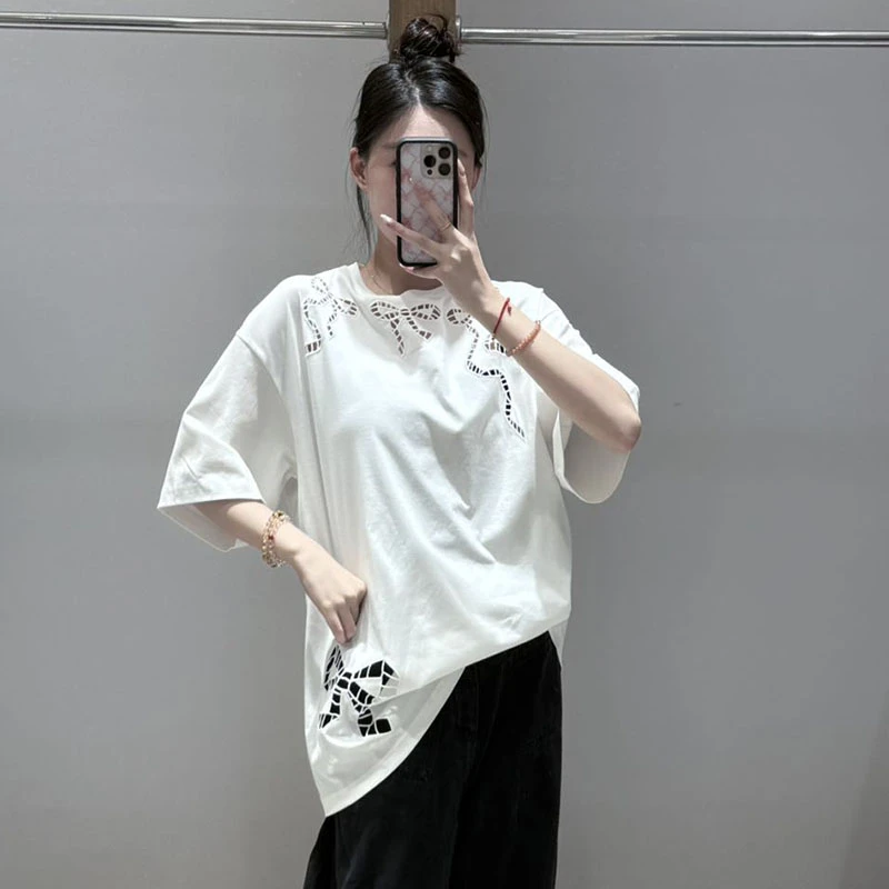 【现货】CPLUSSERIES设计师品牌25秋季镂空蝴蝶结刺绣T恤白色宽松